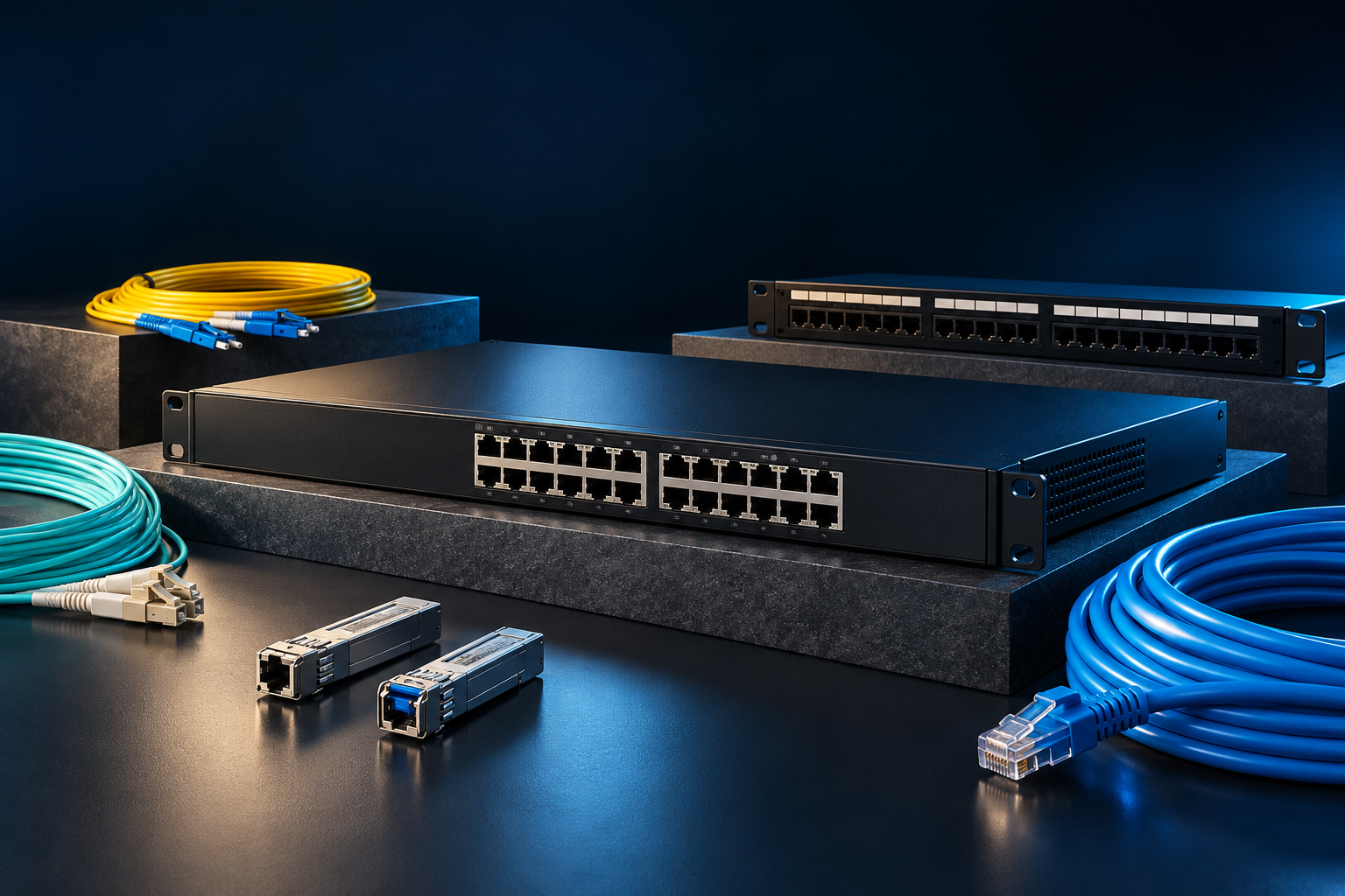 Illustrative arrangement of a network switch, Ethernet cables and fiber connectivity accessories